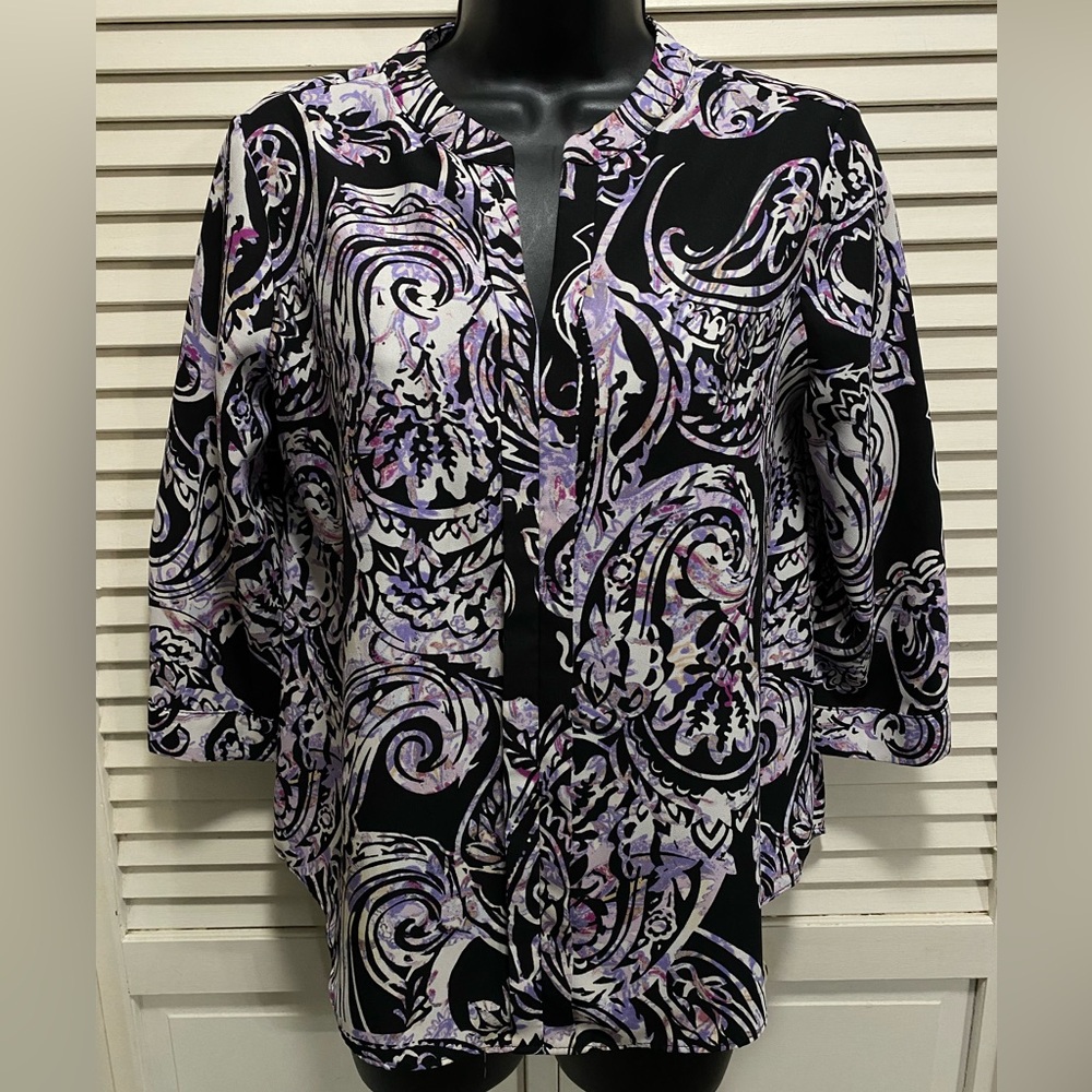 Dana Buchman Paisley Purple/Black/White Chiffon 3/4 Sleeve Blouse‎ Size PS